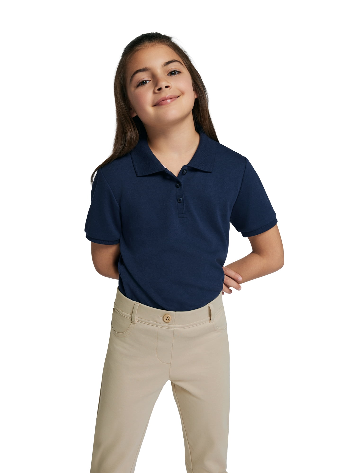 Wonder Nation Girls School Uniform Interlock Short Sleeve Polo Shirt, 2-Pack, Sizes 4-18 & 10-16 Plus