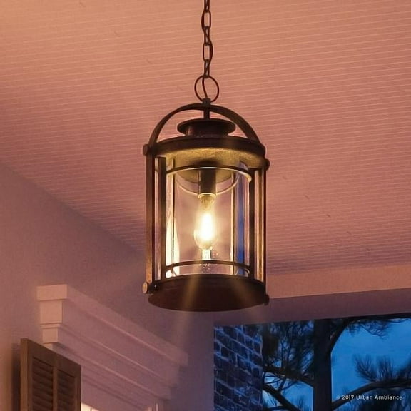 Urban Ambiance Luxury MidCentury Modern Outdoor Pendant Light, Medium Size: 18"H x 10.5"W, with Craftsman Style Elements, High-End Black Silk Finish and Seeded Glass, Includes Edison Bulb, UQL1011