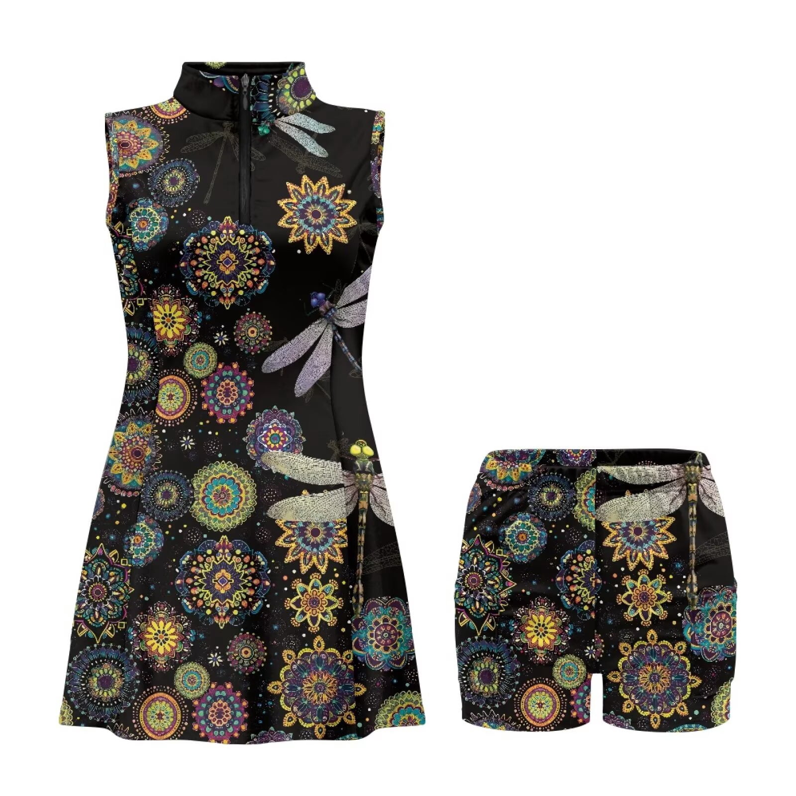 Yuyamidu Dragonfly Boho Floral Womens Golf Dresses with Built-in Shorts Athletic Dress Zip Up Tennis Dress for Women Size XS A-Line Workout Golf Dresses
