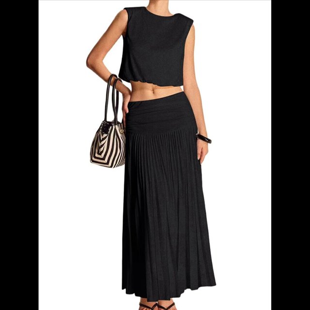 Vestido Maxi Plisado Fluido para Mujer, Vestido Maxi de Cintura Alta, Vestido Maxi de Fantasía Negro M