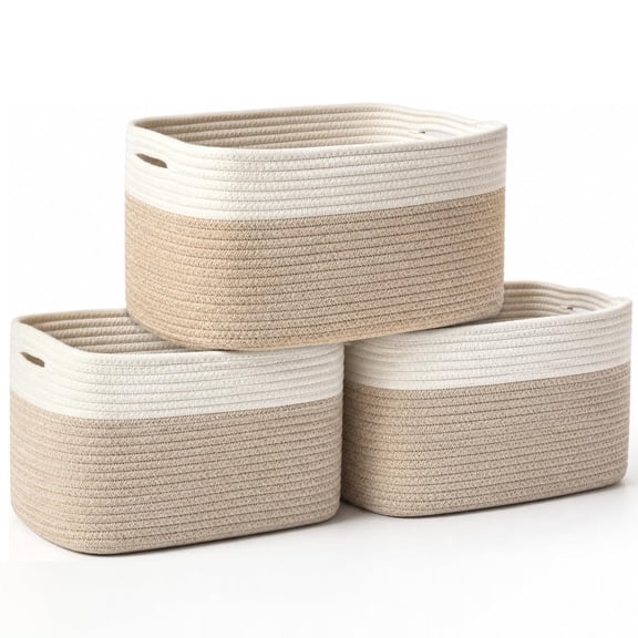 Kisportee 3 Pack Woven Storage Basket, 11" x 11" x 9" (18L) Woven Baskets for Storage, Cotton Rope Cube Storage Bins for Shelves,  Decor Basket for Toys, Towels, Books(White & Brown)