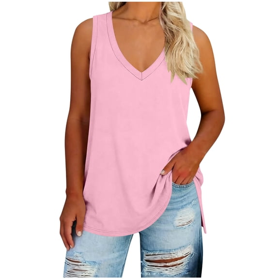 lcziwo Womens Plus Size Tank Tops Loose Fit V Neck Summer Sleeveless Split Hem Top Basic Tee Shirt Tunic 2026 Pink,XXXL