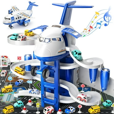 Kids Airplane Toys Race Tracks Car Toys for 3 4 5 6 7 Boys - Transport Airplane Adventures Car Toys for Toddler Age 6 with 8 City Cars, Garage Parking Lot, Birthday Gifts for Girls