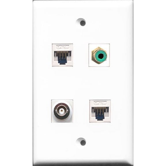 RiteAV 1 Port RCA Green and 1 Port BNC 2 Port Cat5e Ethernet White Wall Plate