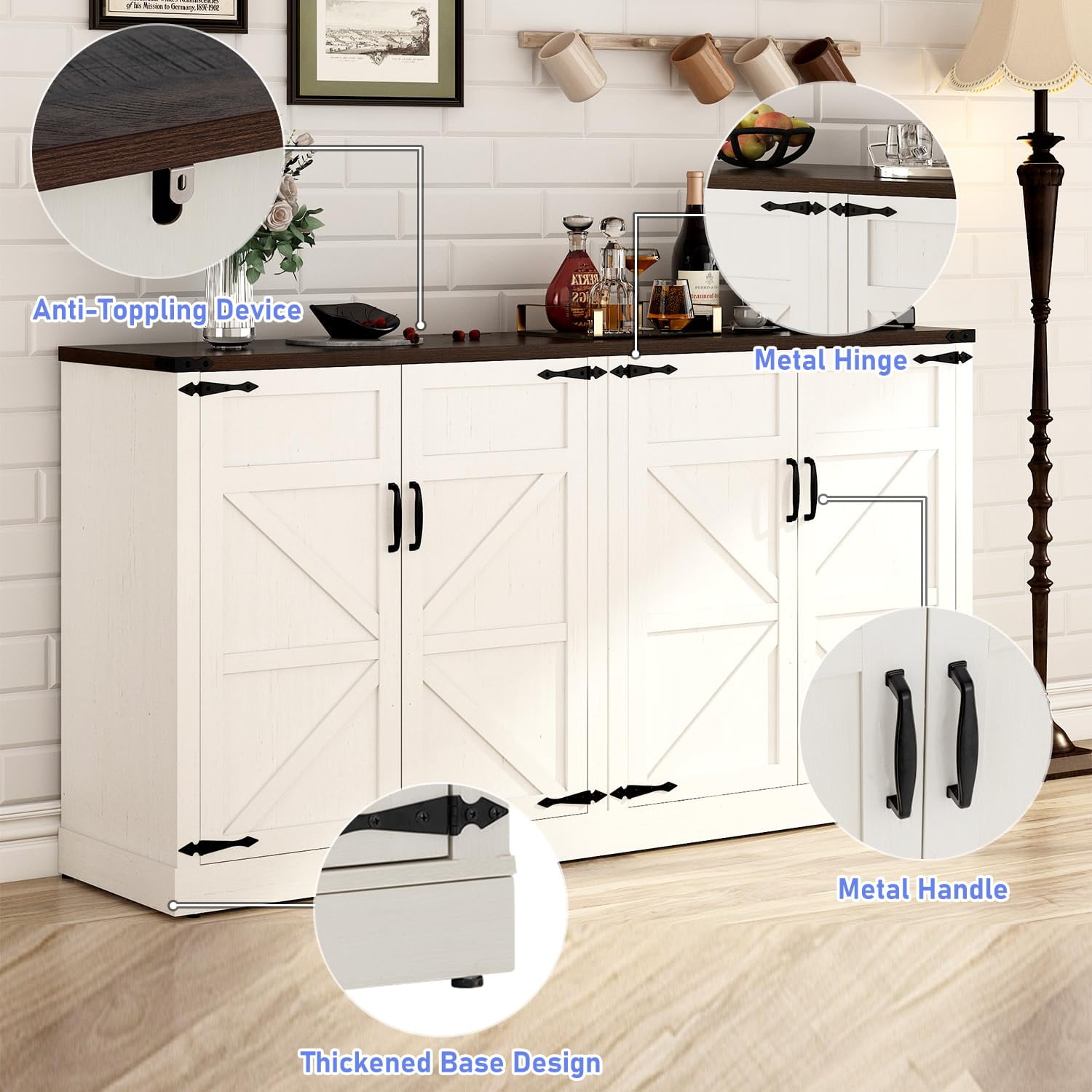 ChVans 65" Farmhouse Kitchen Buffet Cabinet with 4 Barn Doors, 34" Tall Wood Sideboard Credenza with Storage and Adjustable Shelves for Kitchen, Dining Room, Living Room, White-Brown