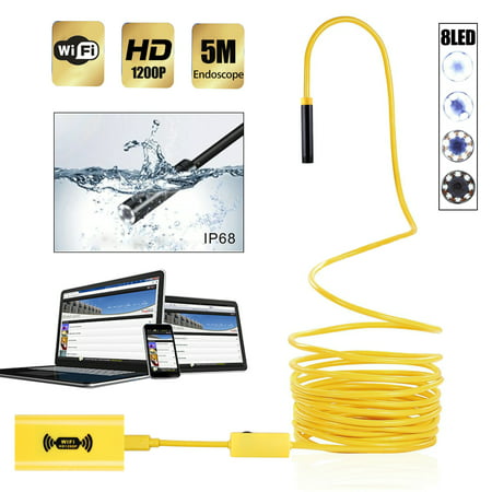 5M Wireless Endoscope 8 LED WiFi Borescope Inspection Camera 2.0 Megapixels 1200P HD Waterproof Snake Camera for Android &