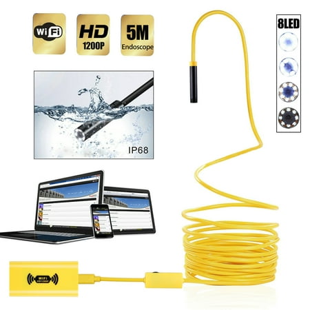 5M Wireless Endoscope 8 LED WiFi Borescope Inspection Camera 2.0 Megapixels 1200P HD Waterproof Snake Camera for Android & iOS