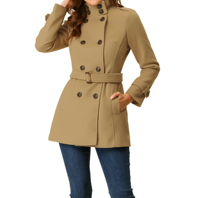 Abrigo de invierno de longitud media con doble botonadura y cuello alto para mujer Inspire Chic XL color caqui