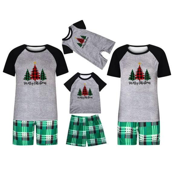 Penkiiy Matching Family Pajamas Christmas Pajamas for Family Xmas Matching Sets Short Sleeve Shirts and Plaid Shorts Santa Christmas Tree Sleepwear Two-piece Sets Green M