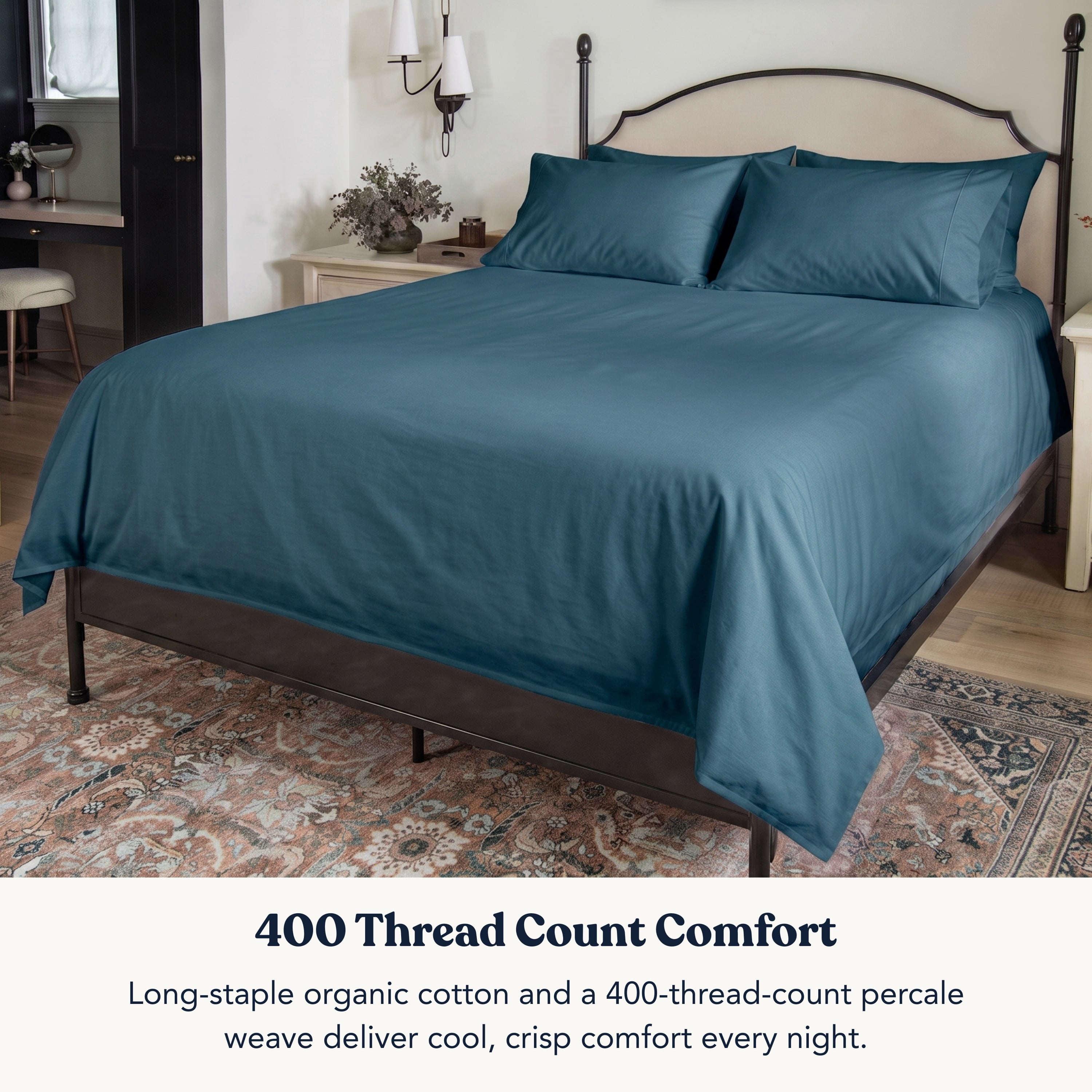 Delara 100% Organic Cotton Percale 400TC Sheet Set, GOTS Certified, Ultra-Soft & Breathable, Midnight Blue, Full, 4-Piece