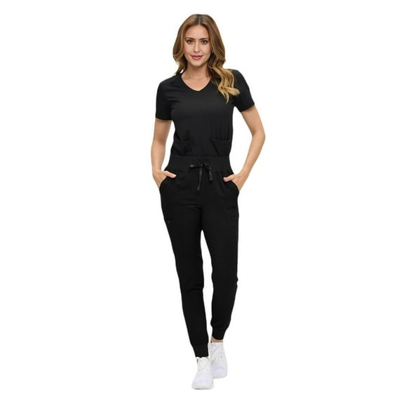 M&M SCRUBS Women’s Ultra-Soft Luxe Stretch Jogger Scrub Set V-Neck Top & Jogger Pants with Pockets - Regular & Petite Size (Black, X-Small)