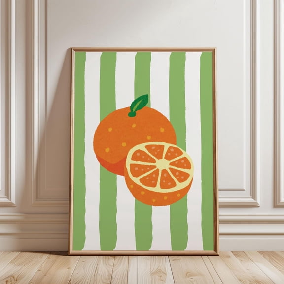 Colorful Mandarin Orange Fruit Kitchen Wall Art | Striped Line Pattern Green Orange Kitchen Wall Decor| | Home Decor Unframed Paper Print