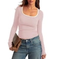 thumbnail image 2 of Women'S Long Sleeve Basic Tops Square Neck Ribbed Knit Color Block Shirts Fitted Pink XXL, 2 of 9