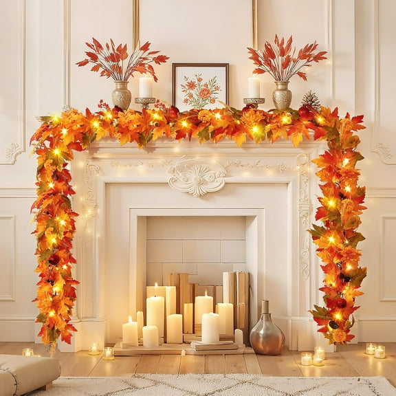 6FT Fall Garland for Mantle, Pre-Lit Realistic Garland with Lights, Fall Leaves Chrysanthemum Garlands for Table Centerpiece Door Window Fireplace Home Indoor Outdoor Fall Thanksgiving Decor