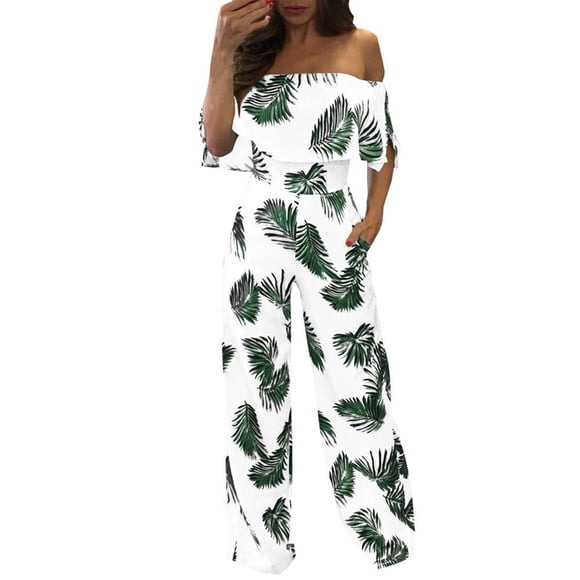 Women Casual Off Shoulder Jumpsuit Floral Leaf Printed Sparkly Boho Maxi Dress High Waist Capelet Loose fit Playsuit