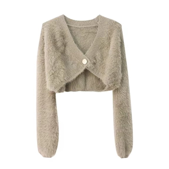 comerut Women Winter Coat Solid Color Fluffy Button Cardigan Long Sleeves Keep Warm Short Deep V Neck Spring Coat Women Clothing