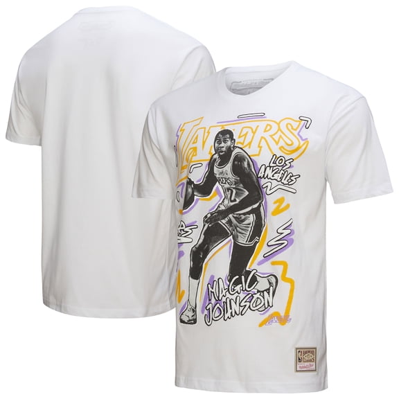 Men's Mitchell & Ness Magic Johnson White Los Angeles Lakers Hardwood Classics Chalked Up T-Shirt