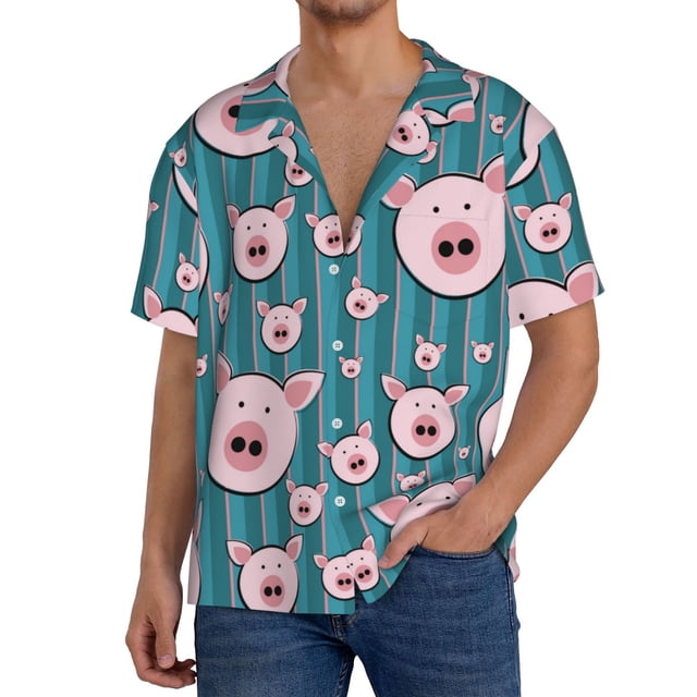 Fotbe Funny Pig Faces Camisa Estampada de Manga Corta para Hombre, Casual de Verano, Estilo Playero, Sin Arrugas-Large