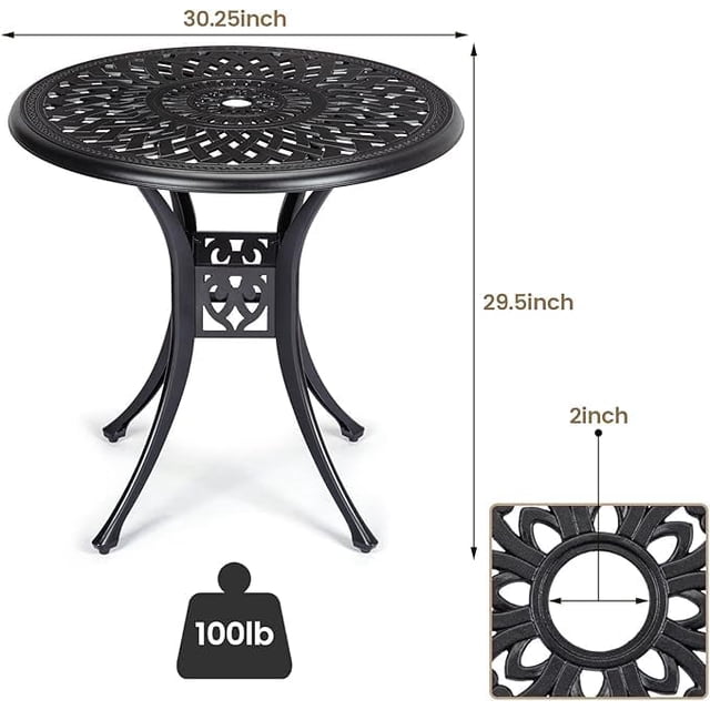 Edtara Table de Patio Rond Antirouille, Table à Manger d'Extérieur en Aluminium Coulé avec Trou pour Parasol pour Cour Arrière Ou Véranda