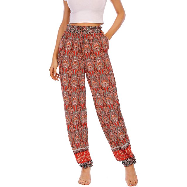Pantalones de harén de yoga con estampado de verano para mujer con volantes elásticos con volantes de cintura alta Boho Hippie Palazzo Jogger PantsRed FloralSmall