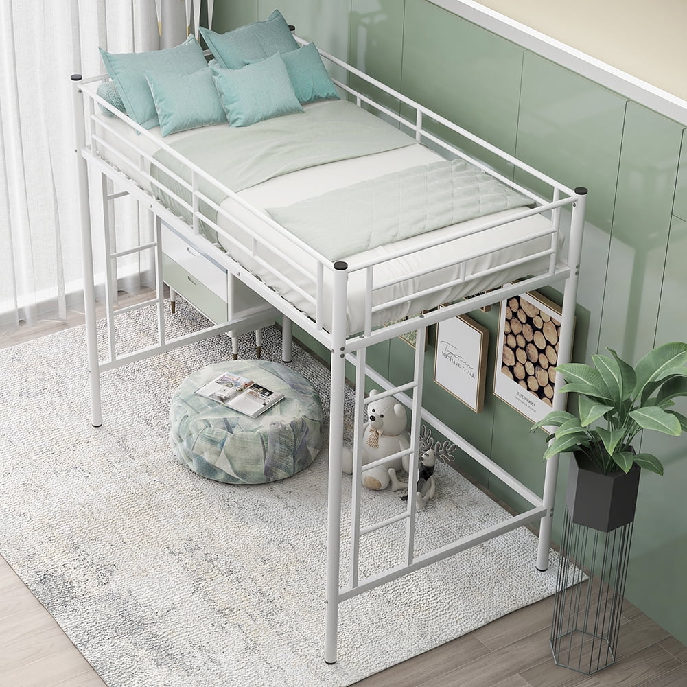 Kadyn Twin Loft Bed, Metal Bed with Rails & Ladders on Both Sides, White