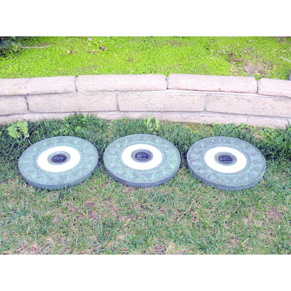 Homebrite Solar Power Round Garden Green Stepping Stones - Set of 3