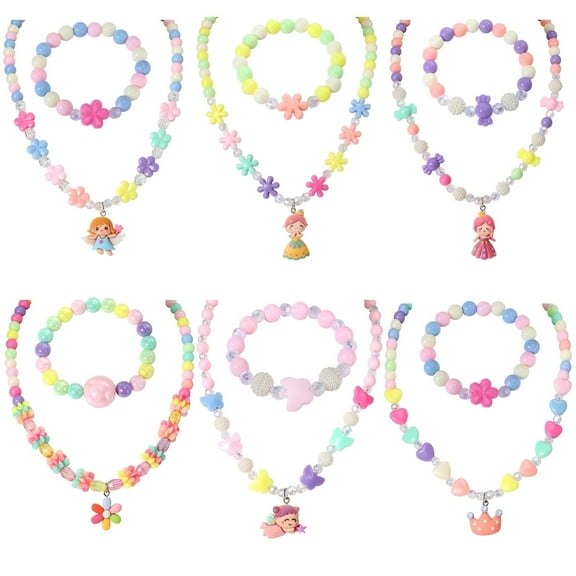 PinkSheep 12Pcs Kids Jewelry Set, Flower Crown Angel Pendant Necklace Beaded Bracelets Sets Play Jewelries for Toddler Little Girls Dress up