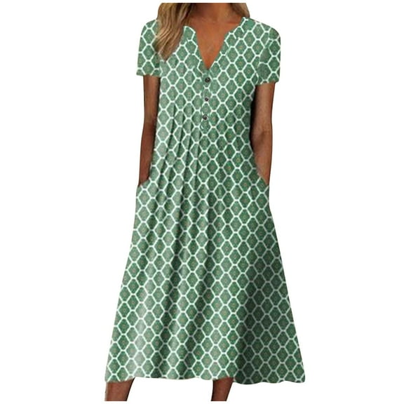 Fesfesfes Fashion Women Printing V-Neck Button Down Dress Short Sleeve Dress Casual Vacation Long Dress with Pocket