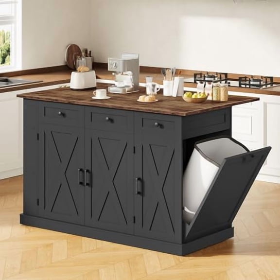 51.2" Movable Kitchen Island Table with Foldable Top, Kitchen Island Cart with Storage, Trash Bin Cabinet, 2 Drawers, Spice Rack, Shelf Adjustable, Black and Rustic Brown MZD03BF