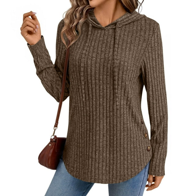 Fanxing Womens Long Sleeve Shirts Knit Sweater Button Side Split Curved Hem Basic Loose Tunic Tops 2025 Brown M