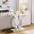 thumbnail image 3 of GA Home Silver Mirrored Console Table with Crushed Diamond Inlay, 39.4'' Long Glass Entryway Sofa Table, O-Shaped Base Modern Accent Narrow Table for Living Room, Hallway, Foyer, Entrance, 3 of 7
