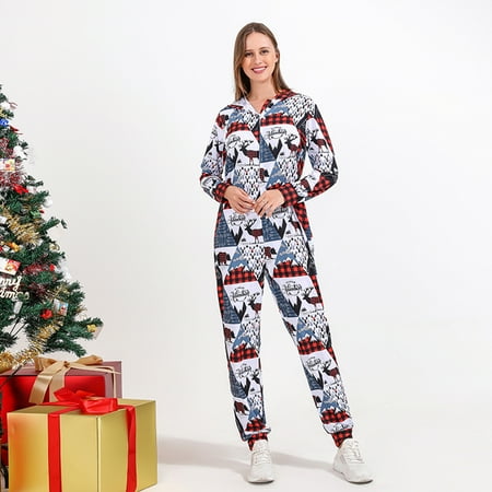 

Fiudx Christmas Women Mom Printed Blouse Hooded Procked Family Matching Pajamas Set New 559