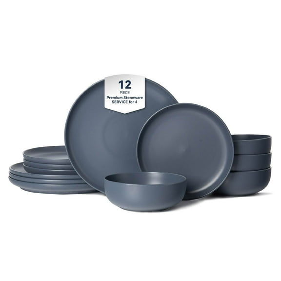 12-Piece Stoneware Dinner Plates Bowls Sets | Microwave & Dishwasher Safe | Non-Toxic Dinner Plates Bowls Set | Stackable Matte Glaze Kitchenware for 4 Blue