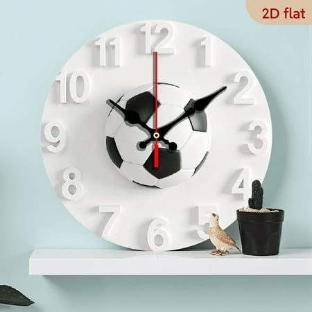 2D Flat 1pc 10Inch Wooden Football-Themed Wall Clock with Soccer Ball Design - Silent Non-Ticking Battery-Powered Modern Minimalist Round Clock with Black White Football Center Golden Hands