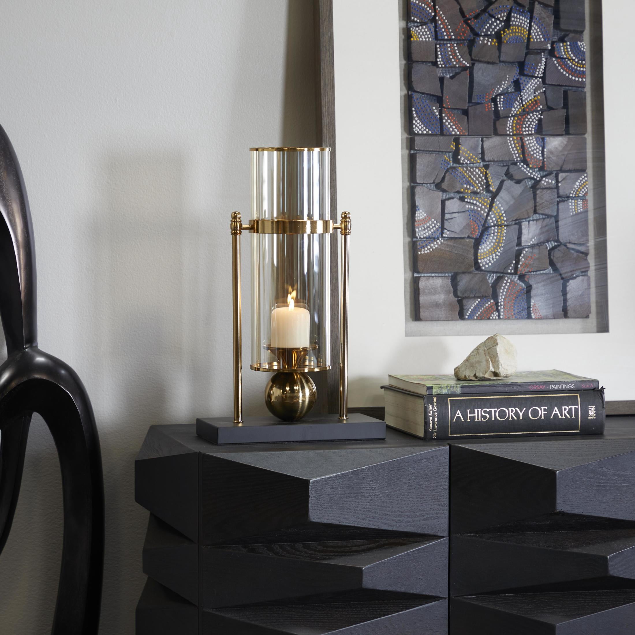 CosmoLiving by Cosmopolitan Gold Metal Iridescent Pillar Hurricane Lamp with Ball Accent and Black Base