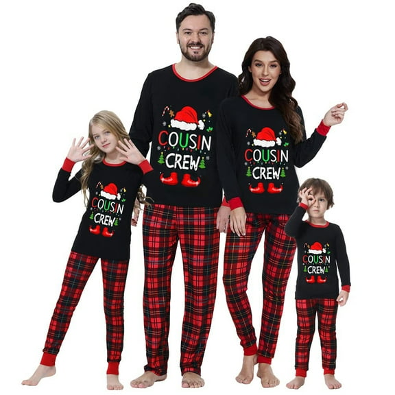 Christmas Pajamas for Family Long Sleeve Santa Hat Letter Print Tops Buffalo Plaid Pants Set Winter Sleepwear