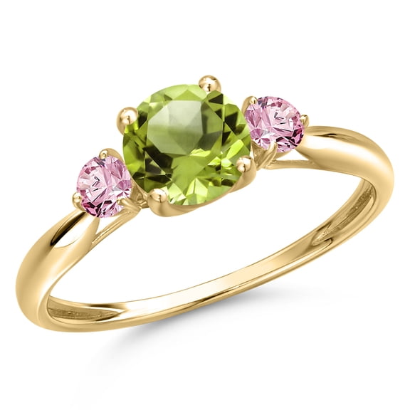 Gem Stone King 10K Yellow Gold Green Peridot and Pink Lab Grown Diamond 3-Stone Ring for Women | 1.26 Cttw | Round 6MM | Gemstone August Birthstone | Size 9
