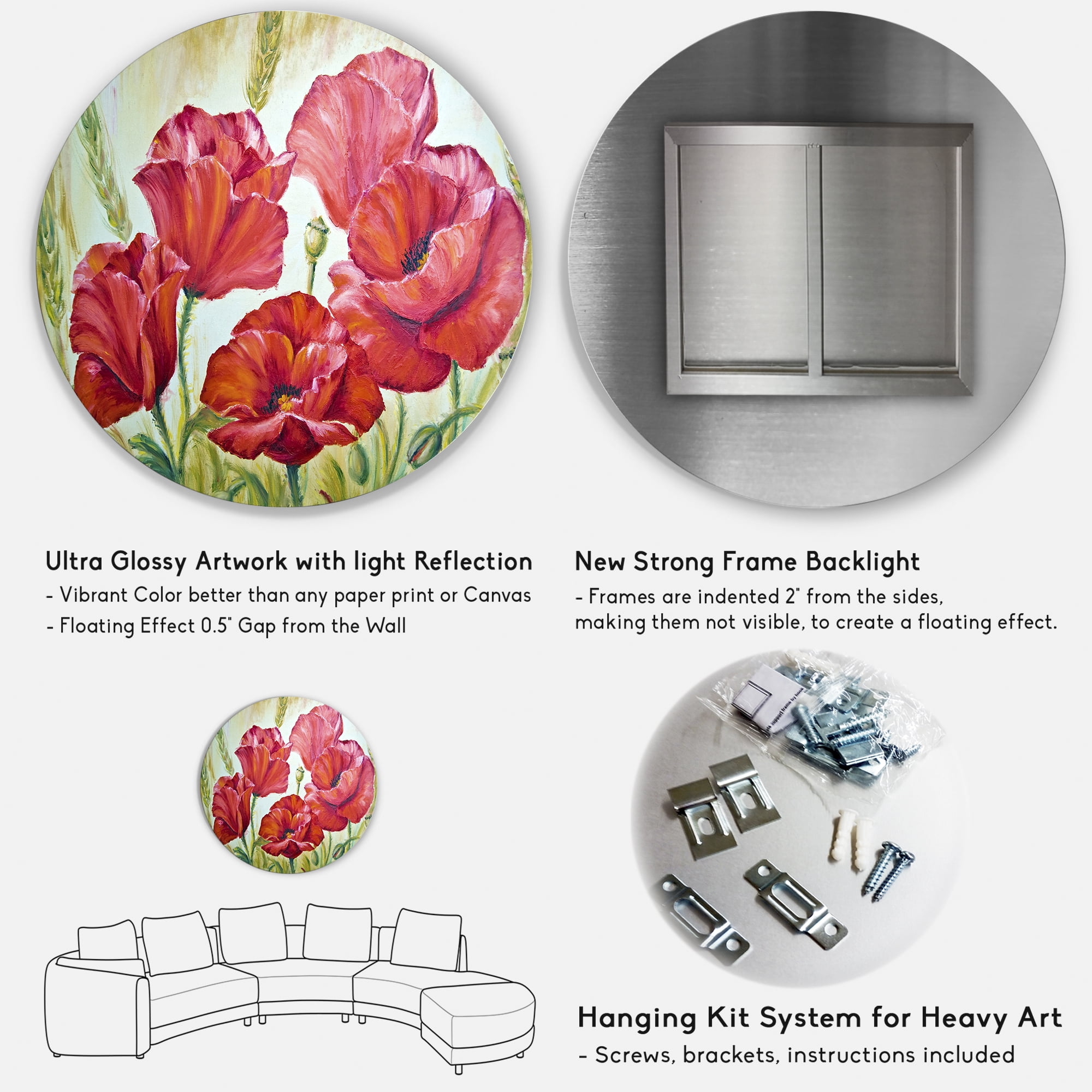 Designart 'Blossoming Red Poppies In The Morning' Traditional Circle Metal Wall Art 29x29 - Disc of 29