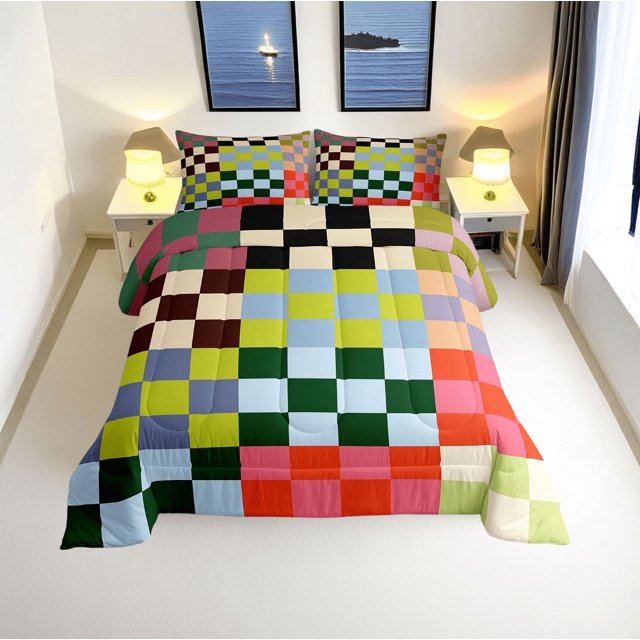 Erosebridal Checkered Gingham Bedding Queen Comforter Set, Rectangle Geometry Down Comforter, Teens, Breathable 3pcs