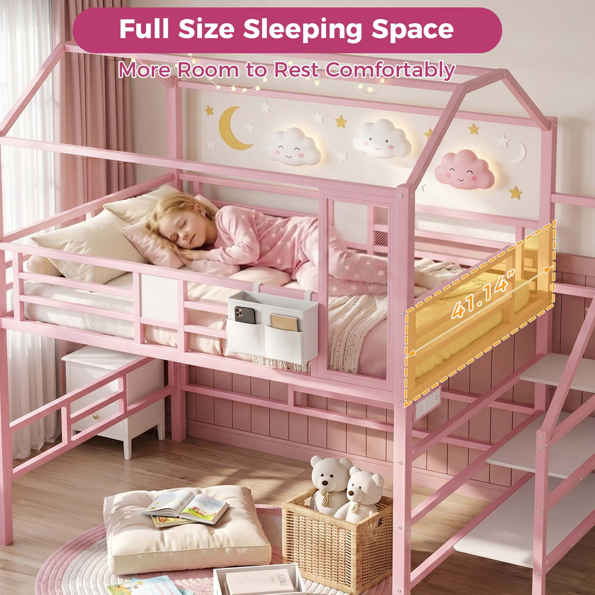 Miniyam Full Size Bunk Bed with Stairs, House Bed Design with Charging Station and Storage Bag Led Light, Pink