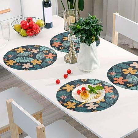 

Round Grid Placemat One Sizex4 Round Placemat PVC Plate Mat，15.4 Inch Non-Slip and Heat Resistant Table Placemat Dining Room Placemat Small Green Flowers