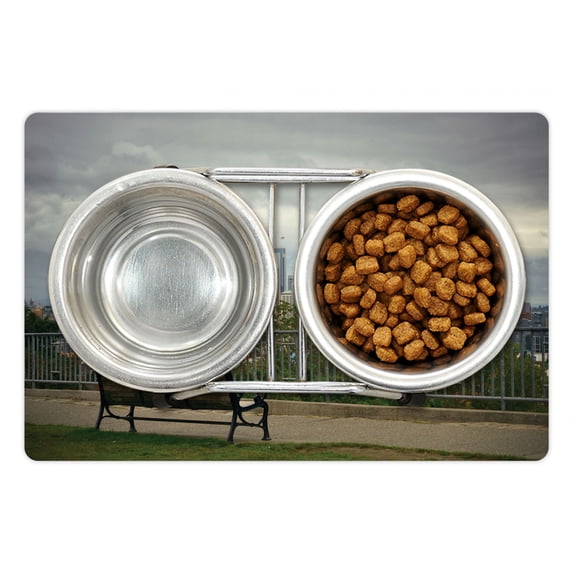 Seattle Skyline Pet Mat for Food and Water, Real Image Outdoor Scene from Kerry Park Urban Architecture and Bench, Non-Slip Rubber Mat for Dogs and Cats, 18" X 12", by Ambesonne