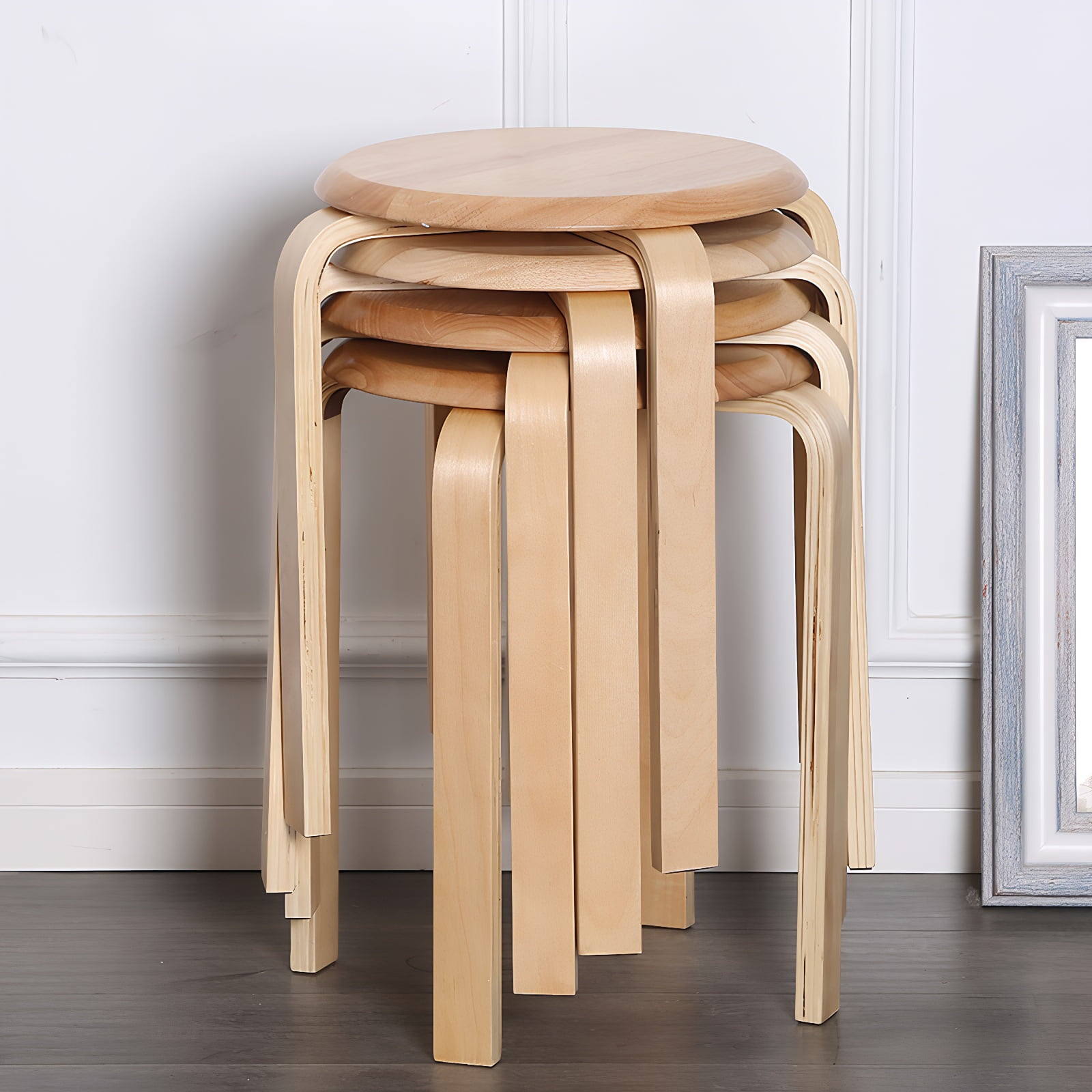 Stackable Stools, Bentwood Stools, Nesting Chairs&nbsp;Set of 4 Round Backless School and Kitchen Stools, Anti-Slip Felt Pad, Natural, 18 Inch Height, Space-Saving Design