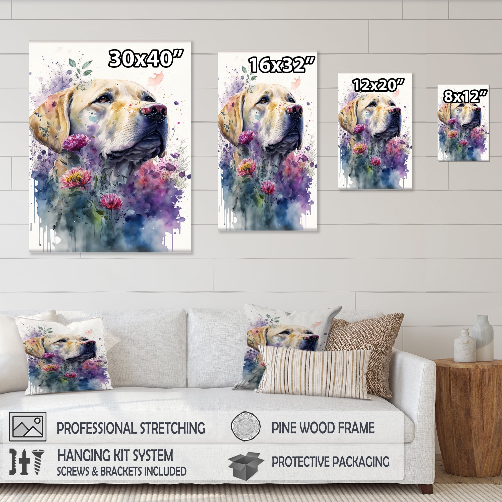 Designart Cute Retrievers Floral Art I Canvas Wall Art