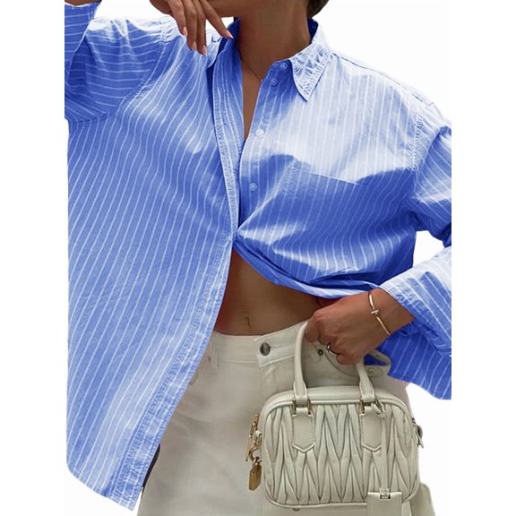 Womens Shirts Button Down Stripe Long Sleeve Blouse Fashion Casual Tops 2025 Denim Blue L