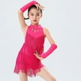 thumbnail image 2 of RUNQHUI Robe de Danse Latine à Franges pour Filles, Robe de Patinage Artistique Salsa Tango avec Gants Rose Vif 120, 2 of 7