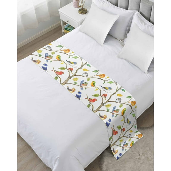Xipuska Watercolor Bird Bed Runners for King Size Bed, Decorative Bed Throws for Foot of Bed, Modern Spring Branch Colorful Leaf Bed Runner Sofa Throw Bedding Scarf Protector Slipcover for Bedroom