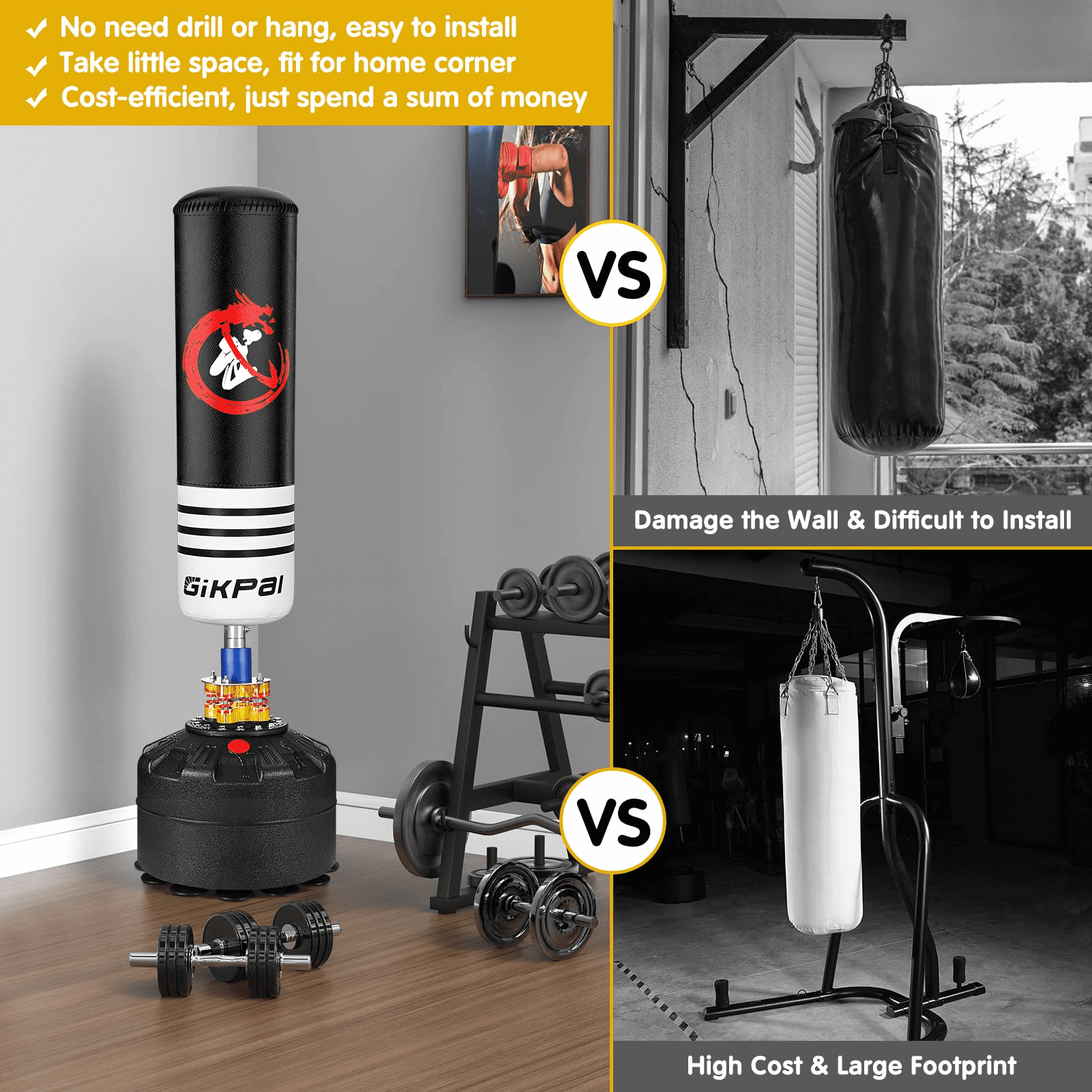 Wostoo Punching Bag, 70'' Freestanding Heavy Boxing Bag with Stand for Adult Teens Kids, Kickboxing Bag with 12 Suction Cup Base for Home Office Gym