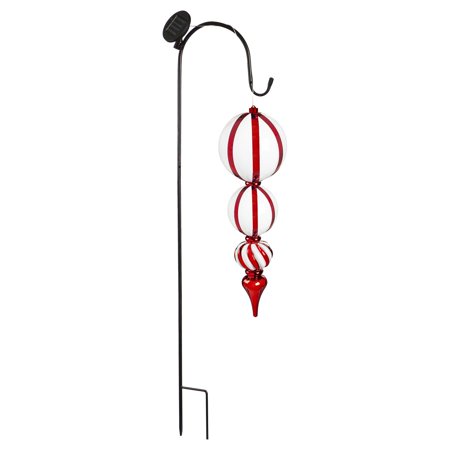 25"H Solar Shatterproof Ornament with Shepherd's Hook Garden Stake, Red Stripe