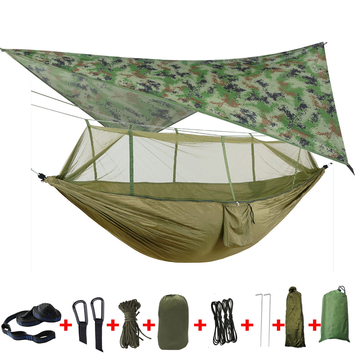 FRH Portable Large Outdoor Camping Hammock with Mosquito Net High Strength Parachute Fabric Hanging Sleeping Bed for Camping Backpacking Travel Beach 260x140CM